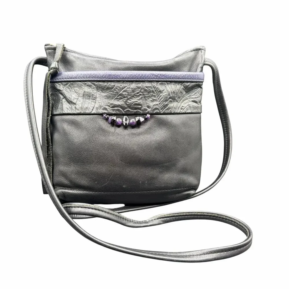 Handmade Black Leather Crossbody Bag Purple Beaded Accent